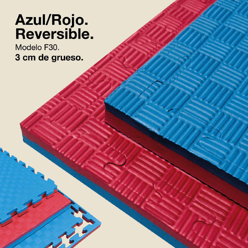 Tatami Puzzle 3cm 100x100cm - Superficie Antideslizante F, reversible Azul/Rojo | Color Reversible