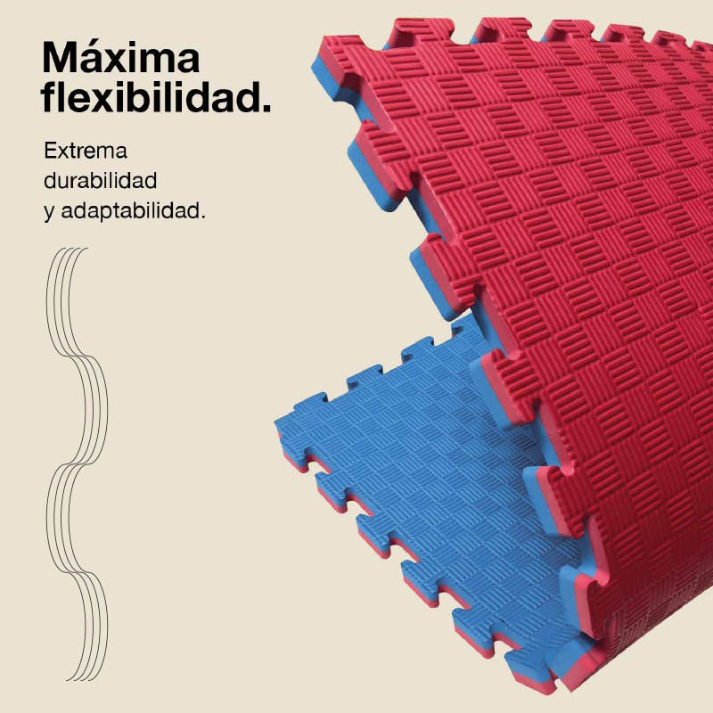 Tatami Puzzle 2,5cm 100x100cm - Superficie Antideslizante F, reversible Azul/Rojo | Máxima Flexibilidad