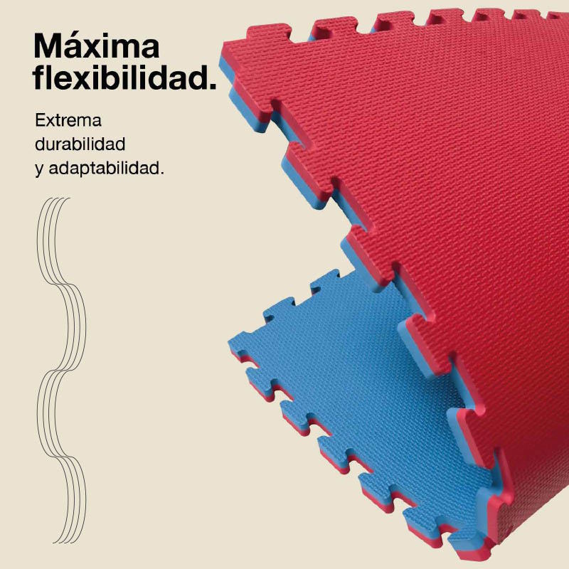 Tatami Puzzle 2cm 100x100cm - Superficie Antideslizante T, reversible Azul/Rojo | Máxima Flexibilidad