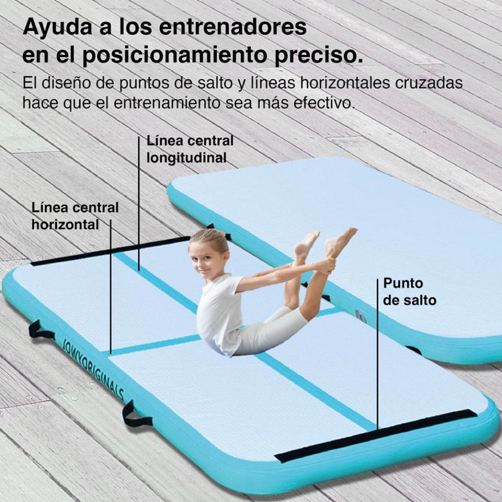 Colchão insuflável AirTrack 200x100x10cm, cor azul | Linhas de posicionamento detalhadas