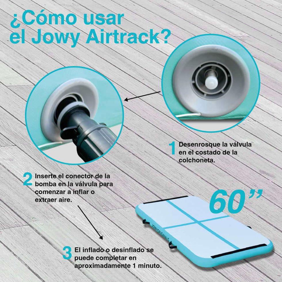 Colchão insuflável AirTrack 200x100x10cm, cor azul | Passos de utilização e insuflação