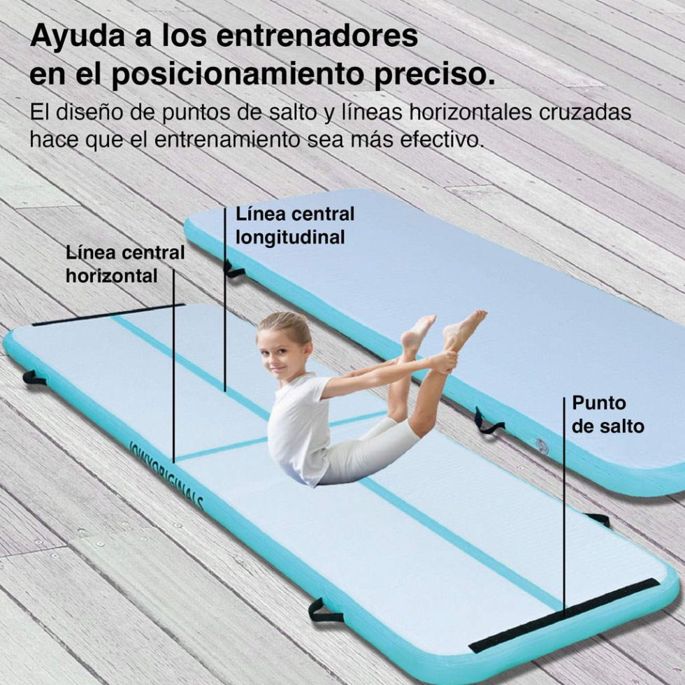Colchão insuflável AirTrack 400x100x10cm, cor azul | Linhas de posicionamento detalhadas
