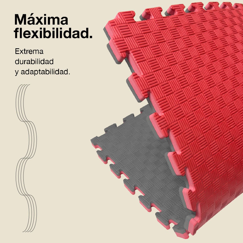 Tatami Puzzle 2,5cm 100x100cm - Superficie Antideslizante F, reversible Gris/Rojo | Máxima Flexibilidad