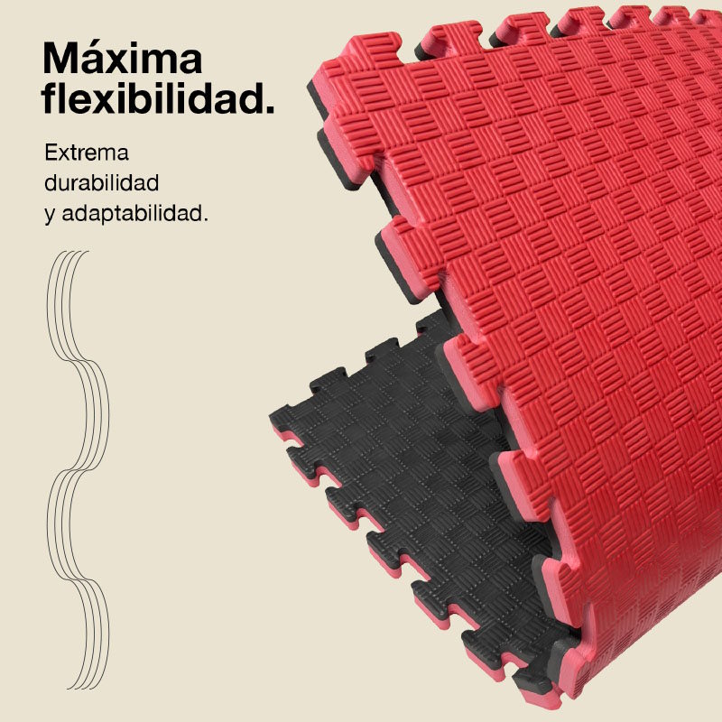 Tatami Puzzle 2,5cm 100x100cm - Superficie Antideslizante F, reversible Negro/Rojo | Máxima Flexibilidad