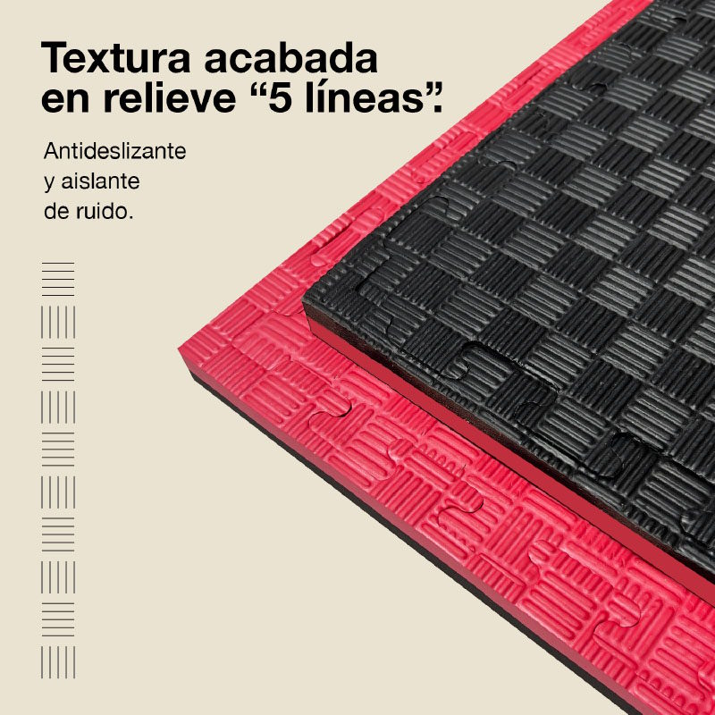 Tatami Puzzle 2,5cm 100x100cm - Superficie Antideslizante F, reversible Negro/Rojo | Textura Antideslizante