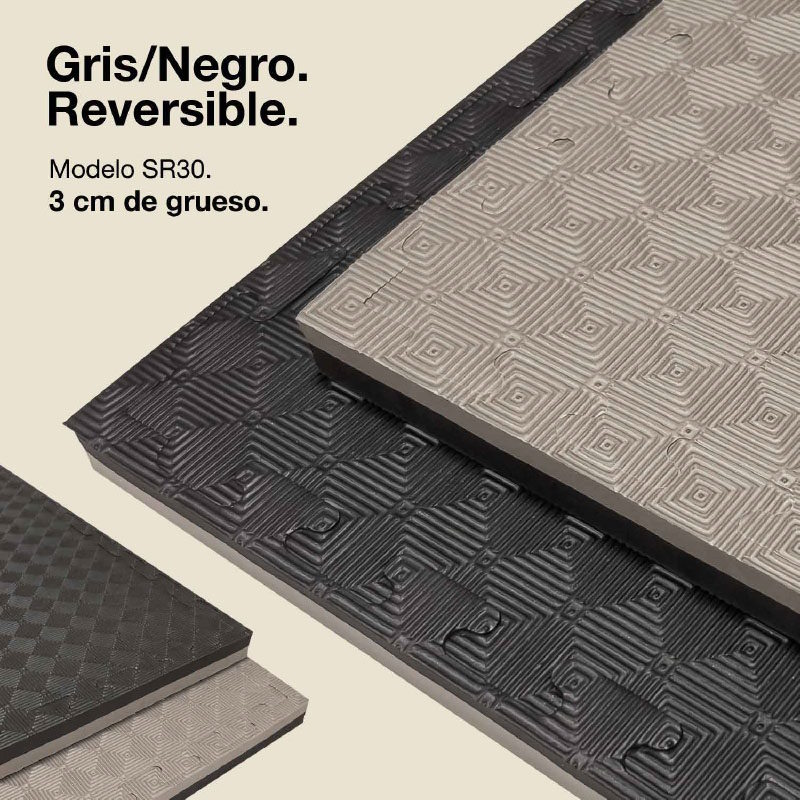 Tatami Puzzle 3cm 100x100cm Densité supérieure - Surface antidérapante en losange, réversible Gris/Noir | Couleur réversible