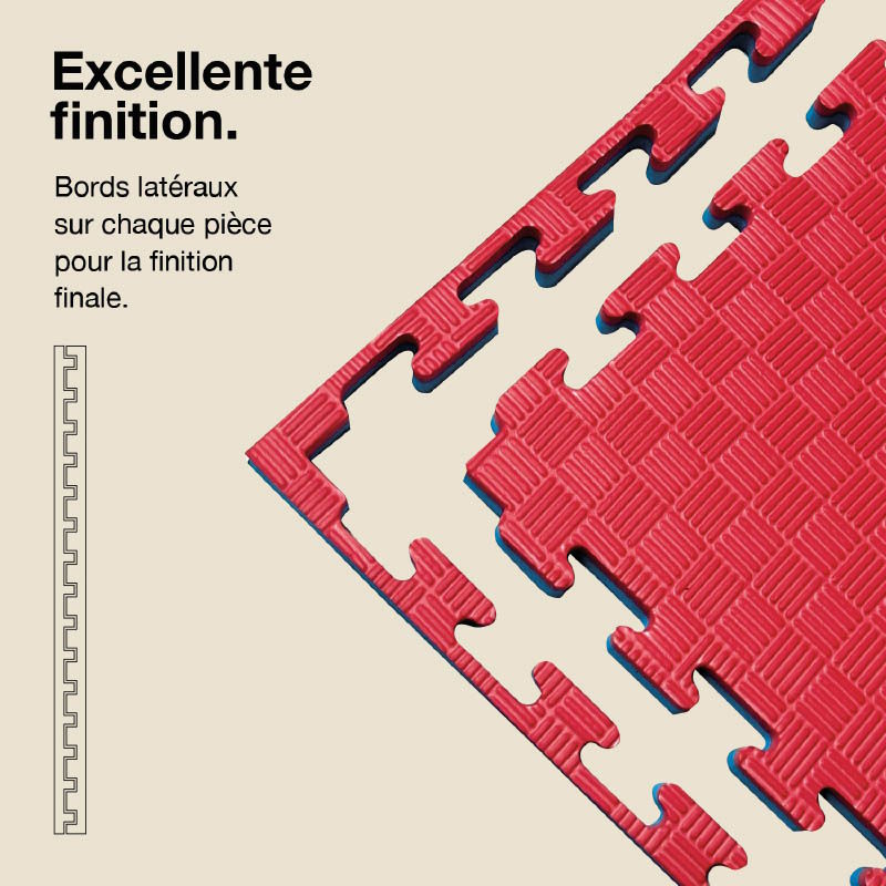 Tatami Puzzle 4cm 100x100cm - Surface antidérapante F, réversible Bleu/Rouge | Côtés droits