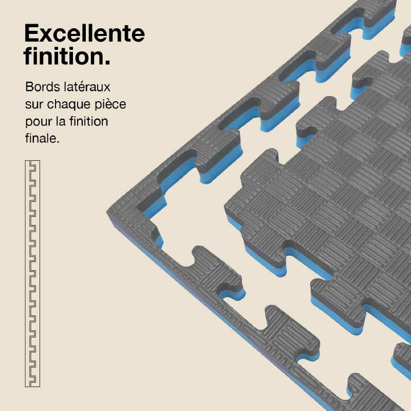 Tatami Puzzle 2cm 100x100cm - Surface antidérapante F, réversible Gris/Bleu | Côtés droits