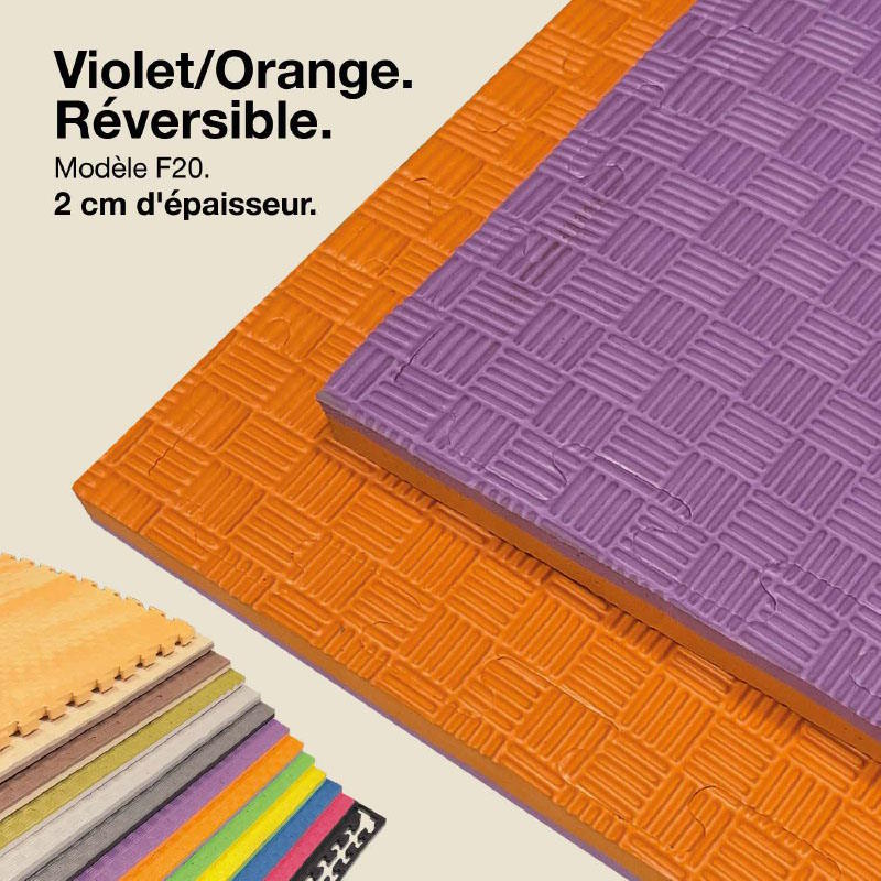 Tatami Puzzle 2cm 100x100cm - Surface antidérapante F, réversible Lilas/Orange | Couleur réversible