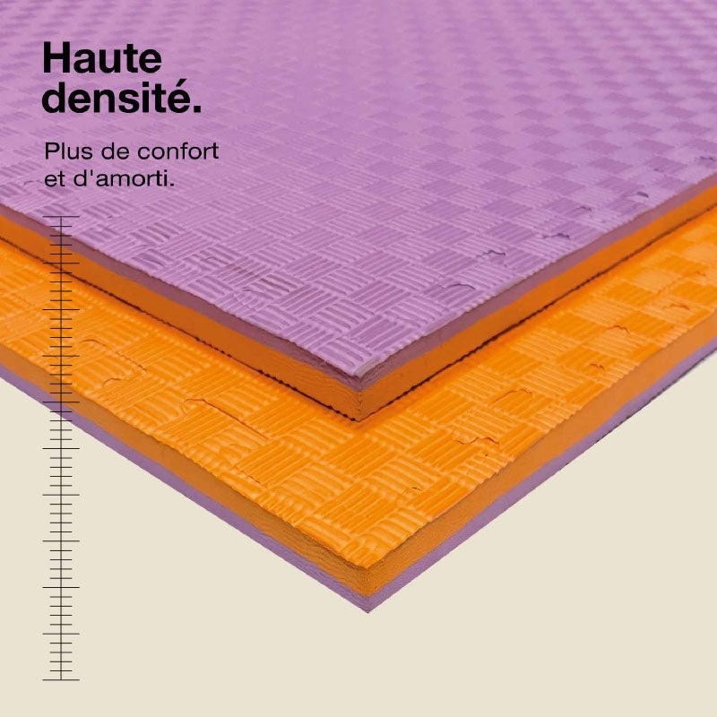 Tatami Puzzle 2cm 100x100cm - Surface antidérapante F, réversible Lilas/Orange | Haute Densité