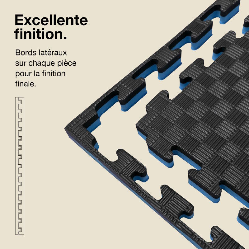 Tatami Puzzle 4cm 100x100cm - Surface antidérapante F, réversible Bleu/Noir | Côtés droits