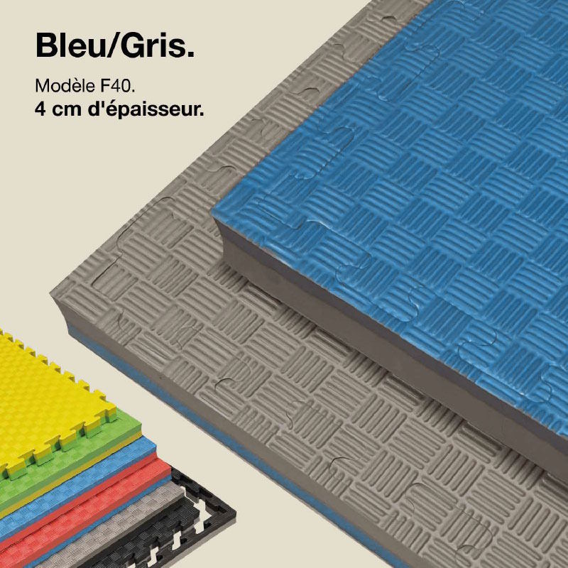 Tatami Puzzle 4cm 100x100cm - Surface antidérapante F, réversible Gris/Bleu | Couleur réversible