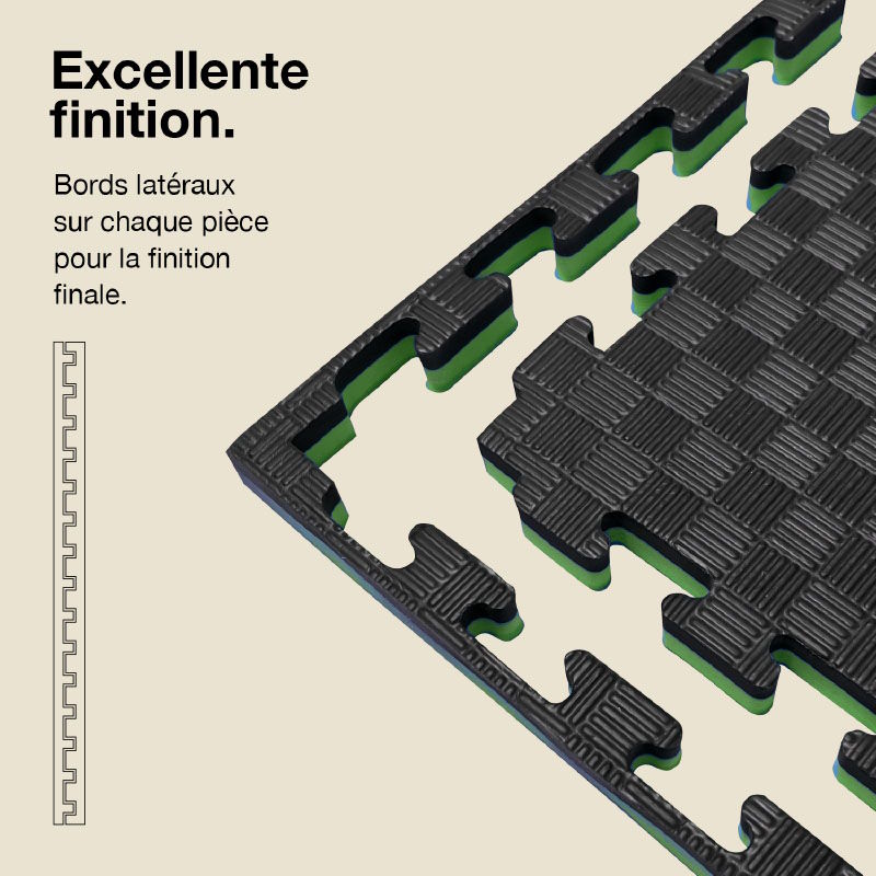 Tatami Puzzle 4cm 100x100cm - Surface antidérapante F, réversible Noir/Vert | Côtés droits