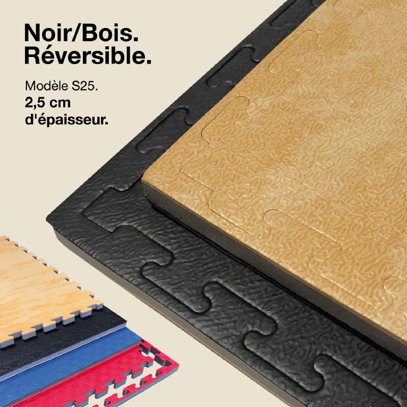 Tatami Puzzle 2,5cm 100x100cm Densité supérieure - Surface texturée antidérapante, réversible Bois/Noir | Couleur réversible