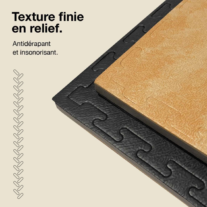 Tatami Puzzle 2,5cm 100x100cm Densité supérieure - Surface texturée antidérapante, réversible Bois/Noir | Texture antidérapante