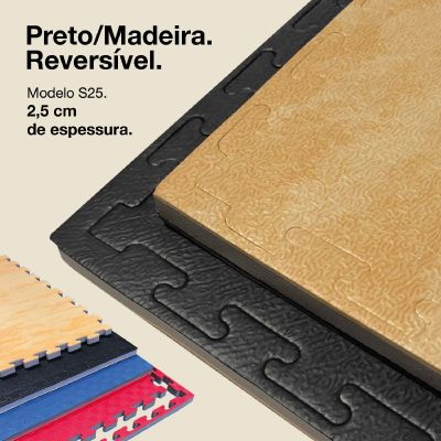 Puzzle Tatami 2,5cm 100x100cm Densidade superior - Superfície antiderrapante texturada, reversível Madeira/Preto | Cor reversível