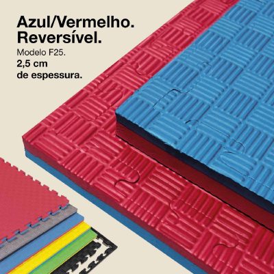 Puzzle Tatami 2,5cm 100x100cm - Superfície antiderrapante F, reversível Azul/Vermelho | Cor Reversível