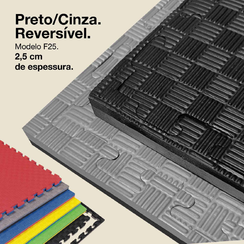 Puzzle Tatami 2,5cm 100x100cm - Superfície antiderrapante F, reversível Cinzento/Preto | Cor reversível