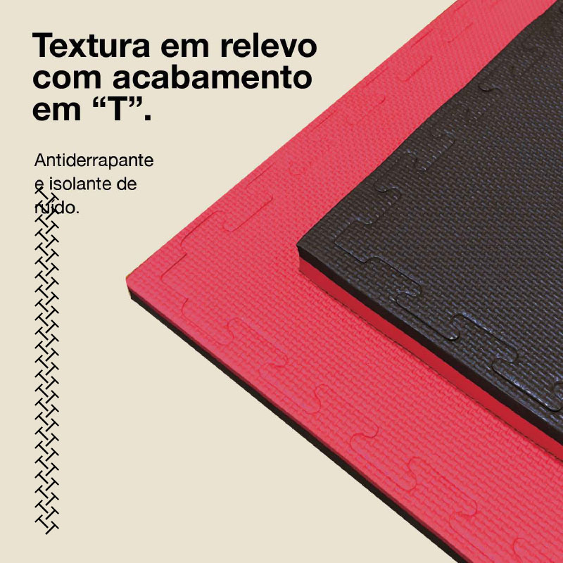 Puzzle Tatami 2,5cm 100x100cm - Superfície antiderrapante T, reversível Preto/Vermelho | Textura antiderrapante
