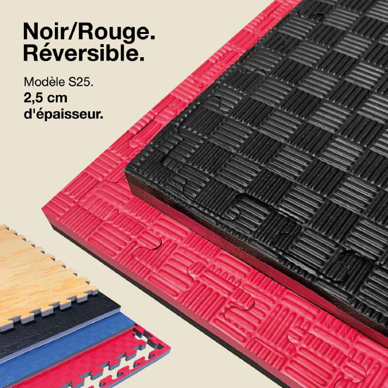 Tatami Puzzle 2,5cm 100x100cm Densité supérieure - Surface antidérapante F, réversible Noir/Rouge | Couleur réversible