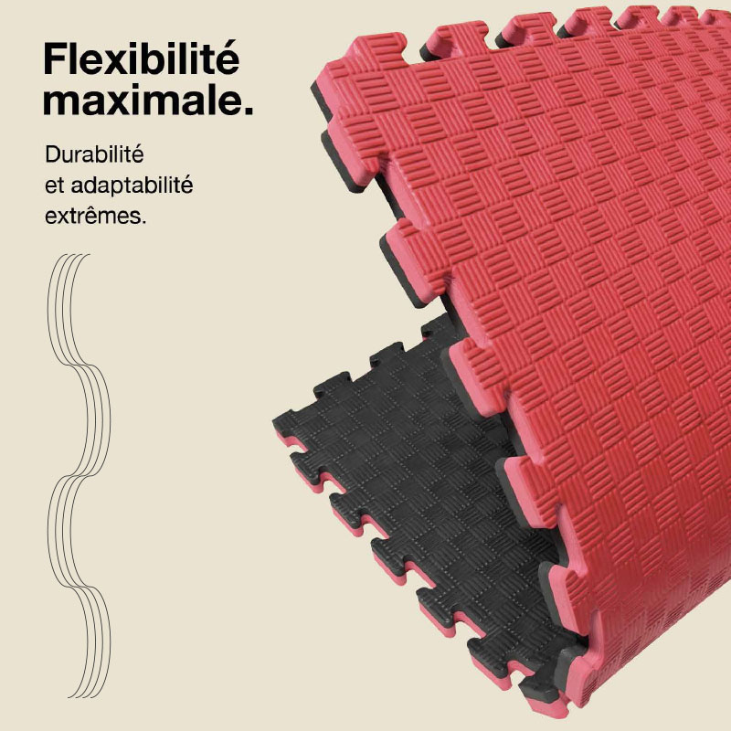 Tatami Puzzle 2,5cm 100x100cm Densité supérieure - Surface antidérapante F, réversible Noir/Rouge | Flexibilité maximale
