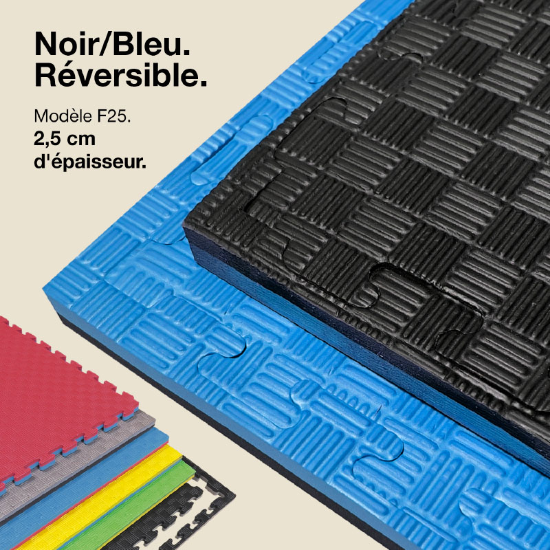 Tatami Puzzle 2,5cm 100x100cm - Surface antidérapante F, réversible Bleu/Noir | Couleur réversible