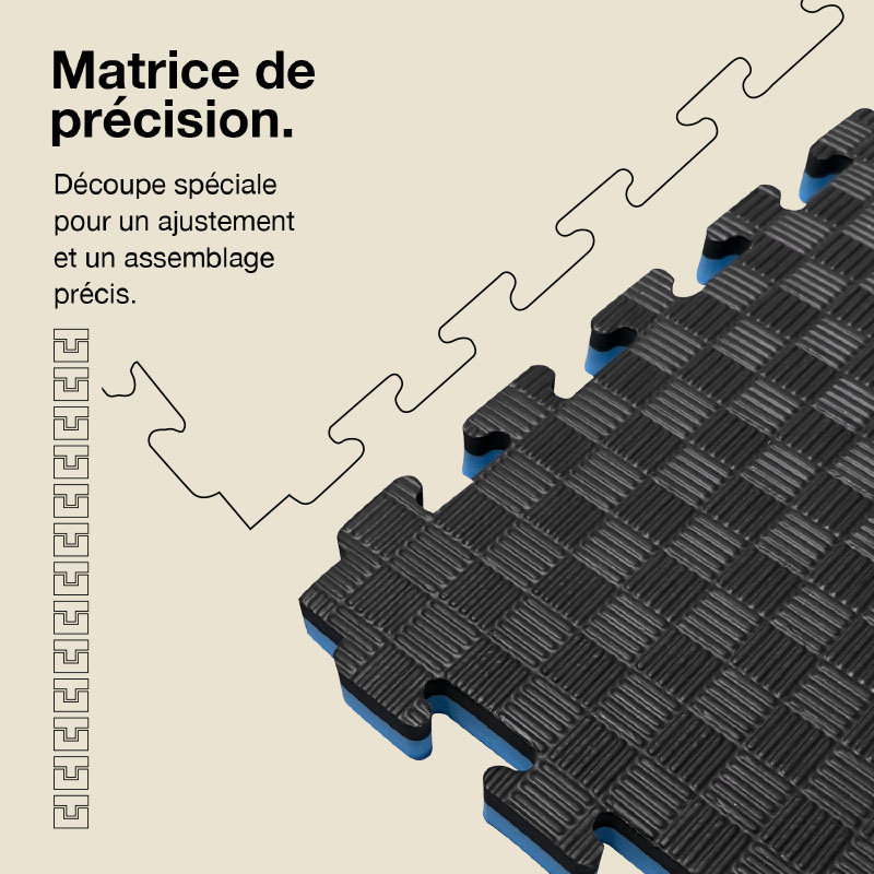 Tatami Puzzle 2,5cm 100x100cm - Surface antidérapante F, réversible Bleu/Noir | Découpe de précision