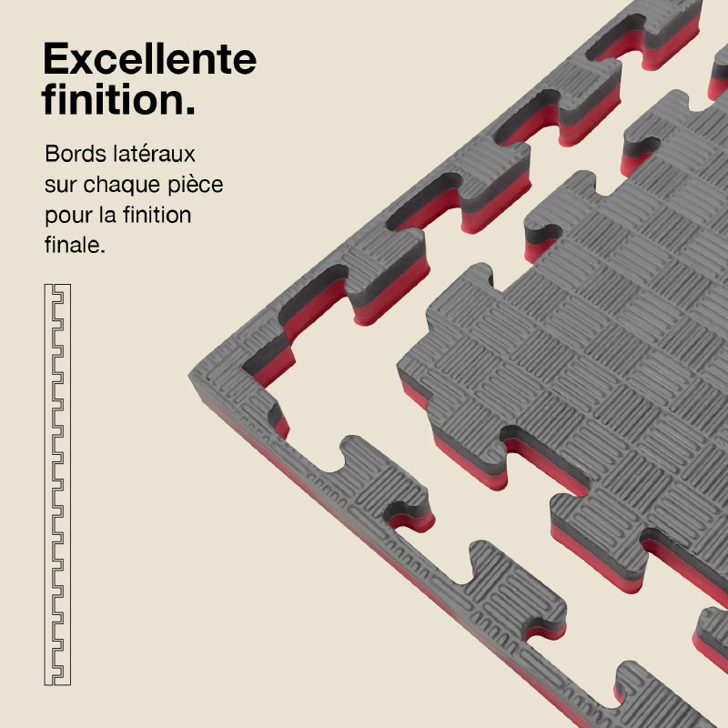 Tatami Puzzle 2,5cm 100x100cm - Surface antidérapante F, réversible Gris/Rouge | Côtés droits