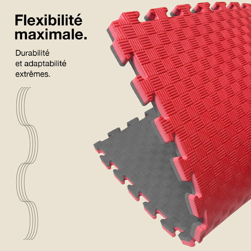 Tatami Puzzle 2,5cm 100x100cm - Surface antidérapante F, réversible Gris/Rouge | Flexibilité maximale