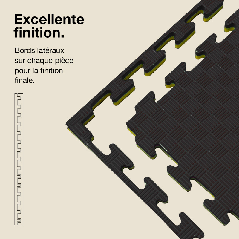 Tatami Puzzle 2,5cm 100x100cm - Surface antidérapante F, réversible Jaune/Noir | Côtés droits