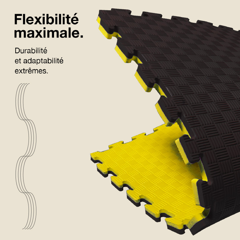 Tatami Puzzle 2,5cm 100x100cm - Surface antidérapante F, réversible Jaune/Noir | Flexibilité maximale