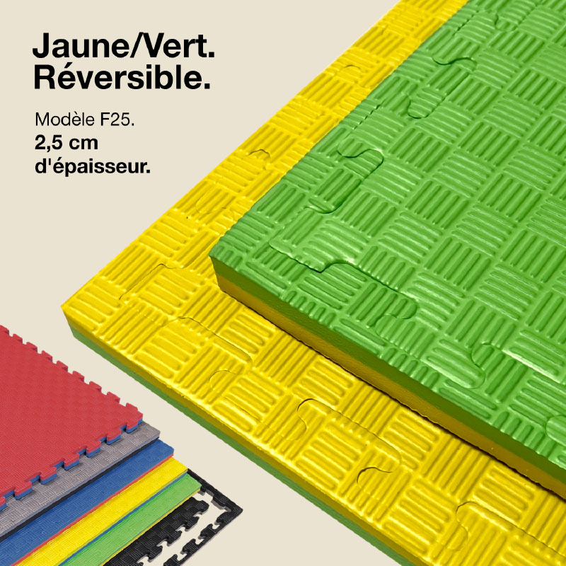 Tatami Puzzle 2,5cm 100x100cm - Surface antidérapante F, réversible Jaune/Vert | Couleur réversible