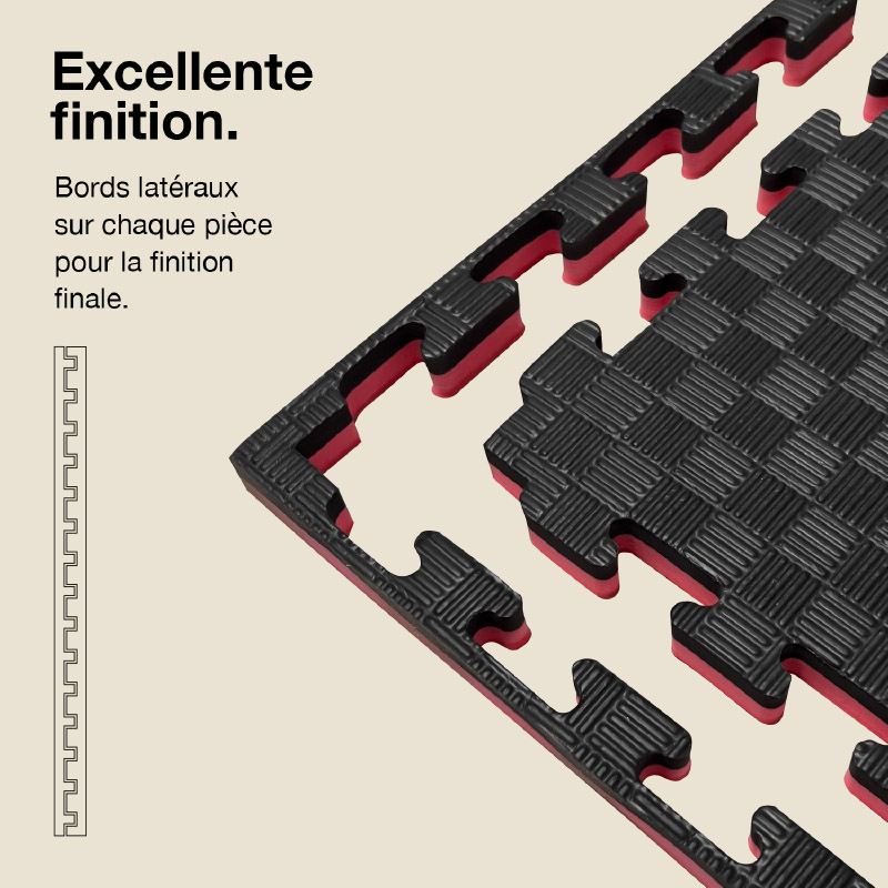 Tatami Puzzle 2,5cm 100x100cm - Surface antidérapante F, réversible Noir/Rouge | Côtés droits