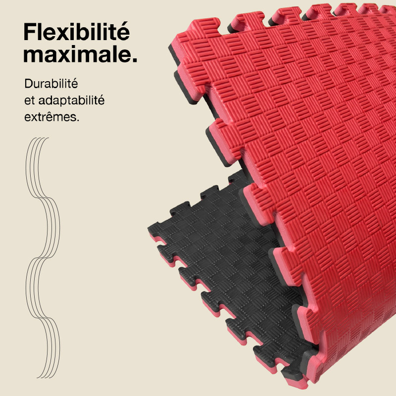 Tatami Puzzle 2,5cm 100x100cm - Surface antidérapante F, réversible Noir/Rouge | Flexibilité maximale