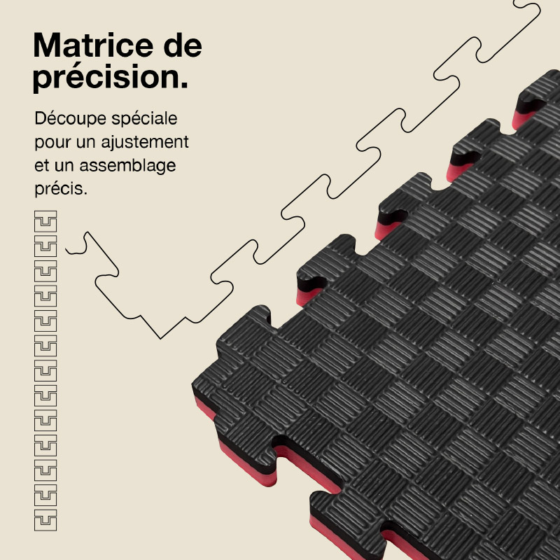 Tatami Puzzle 2,5cm 100x100cm - Surface antidérapante F, réversible Noir/Rouge | Découpe de précision