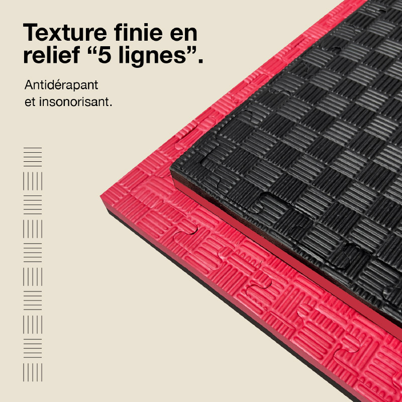 Tatami Puzzle 2,5cm 100x100cm - Surface antidérapante F, réversible Noir/Rouge | Texture antidérapante