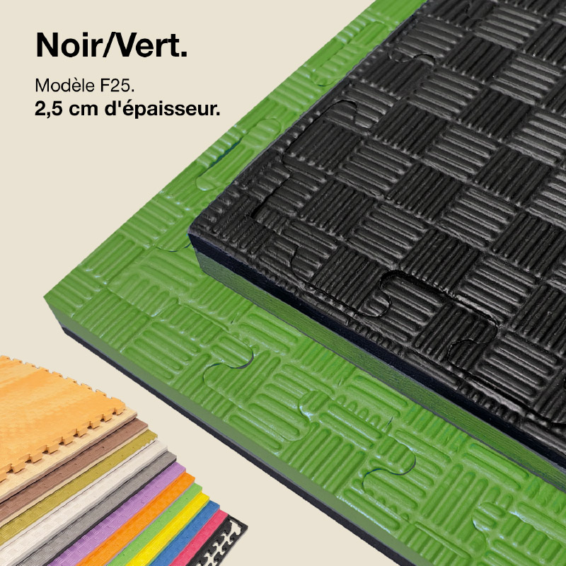 Tatami Puzzle 2,5cm 100x100cm - Surface antidérapante F, réversible Noir/Vert | Couleur réversible