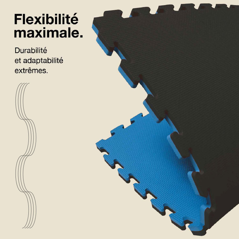 Tatami Puzzle 2,5cm 100x100cm - Surface antidérapante T, réversible Bleu/Noir | Flexibilité maximale