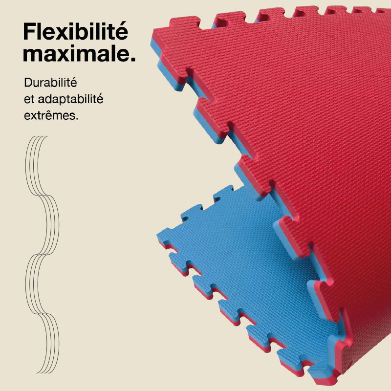Tatami Puzzle 2,5cm 100x100cm - Surface antidérapante T, réversible Bleu/Rouge | Flexibilité maximale