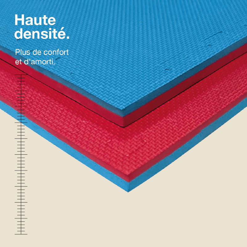 Tatami Puzzle 2,5cm 100x100cm - Surface antidérapante T, réversible Bleu/Rouge | Haute Densité