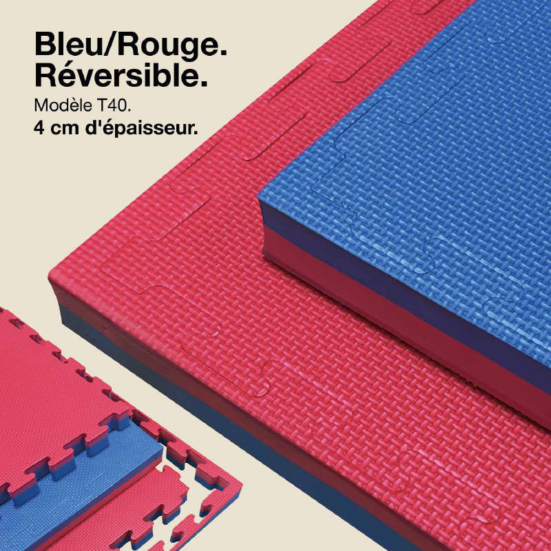 Tatami Puzzle 4cm 100x100cm - Surface antidérapante T, réversible Bleu/Rouge | Couleur réversible