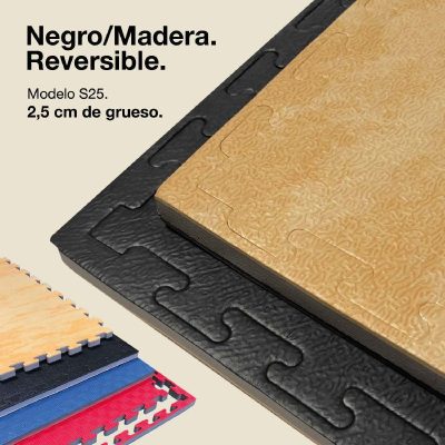 Tatami Puzzle 2,5cm 100x100cm Superior Density - Textured Anti-Slip Surface, reversible Wood/Black