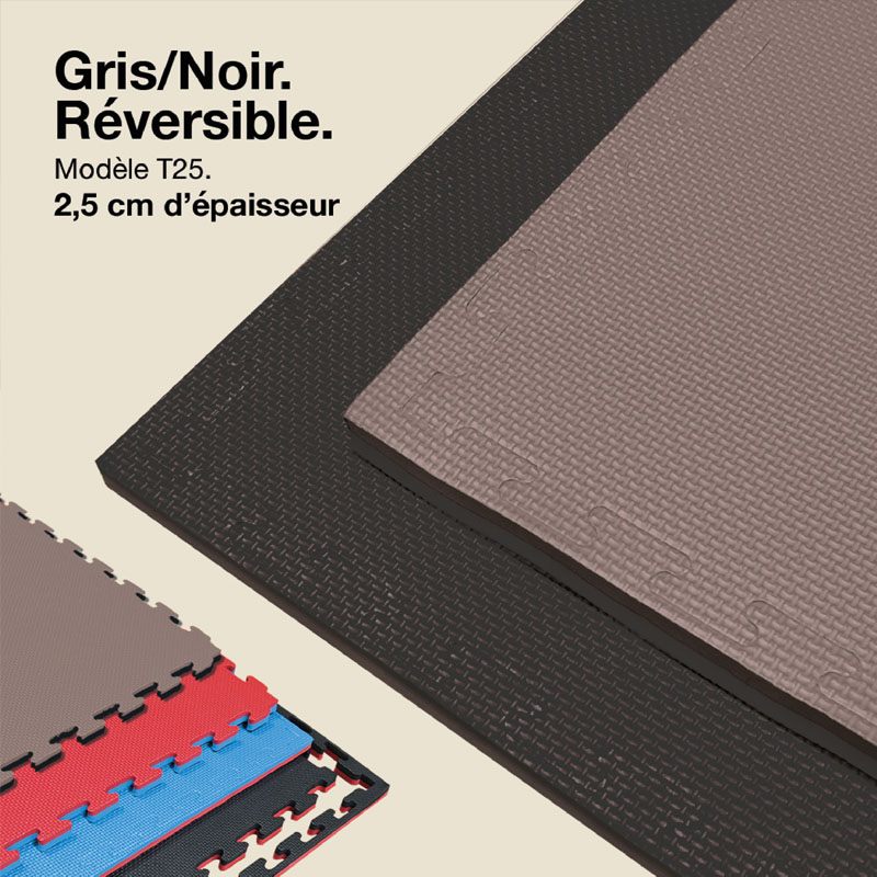 Tatami Puzzle 2,5cm 100x100cm - Surface antidérapante T, réversible Gris/Noir | Couleur réversible